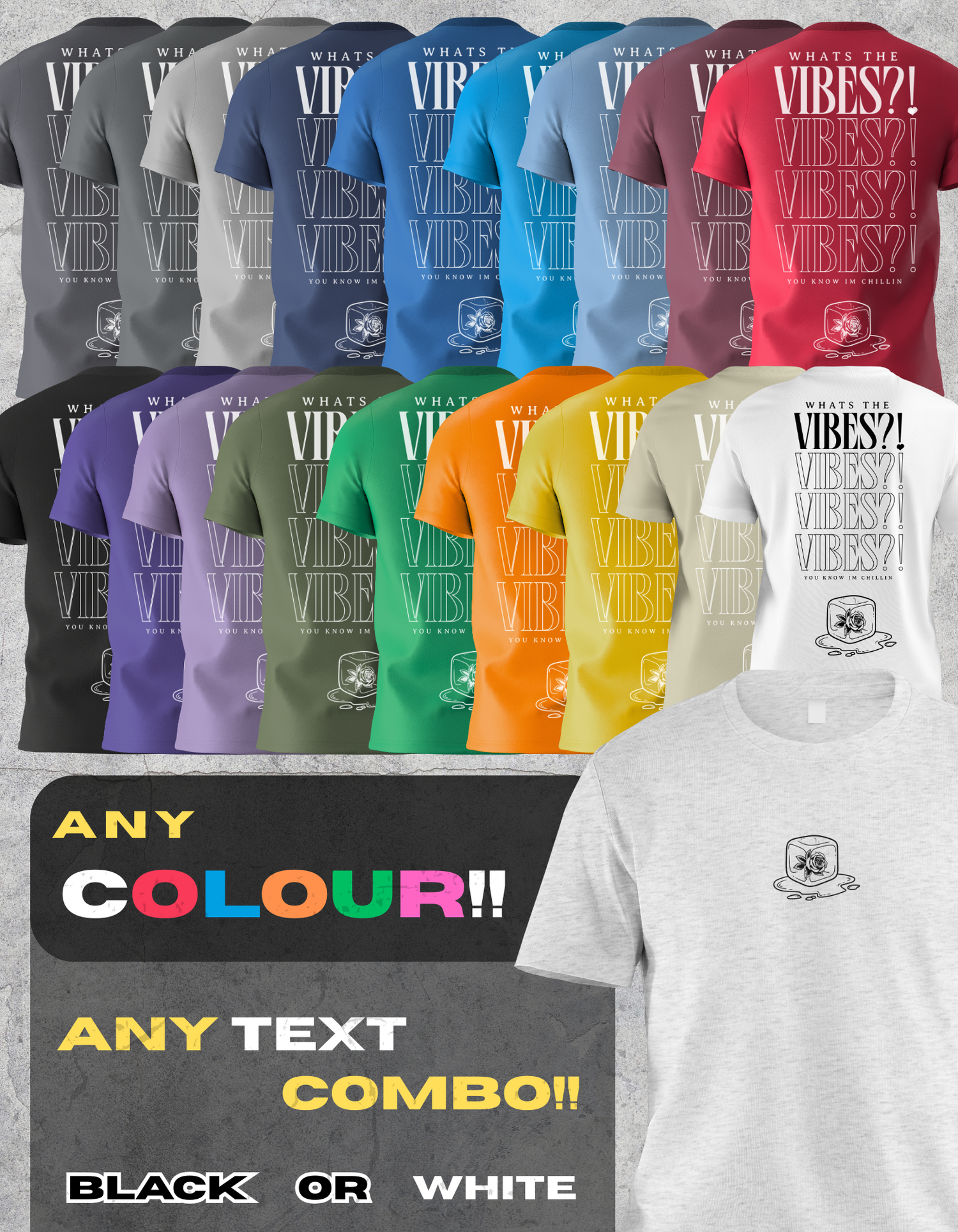 Img displaying multiple "Whats The Vibes?!" merch colour ways